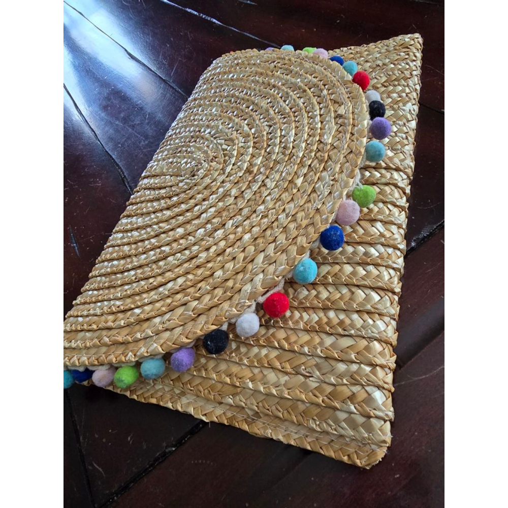 Women's Vintage Beige Summer Straw Clutch with Multi-color Pom Poms, One Size